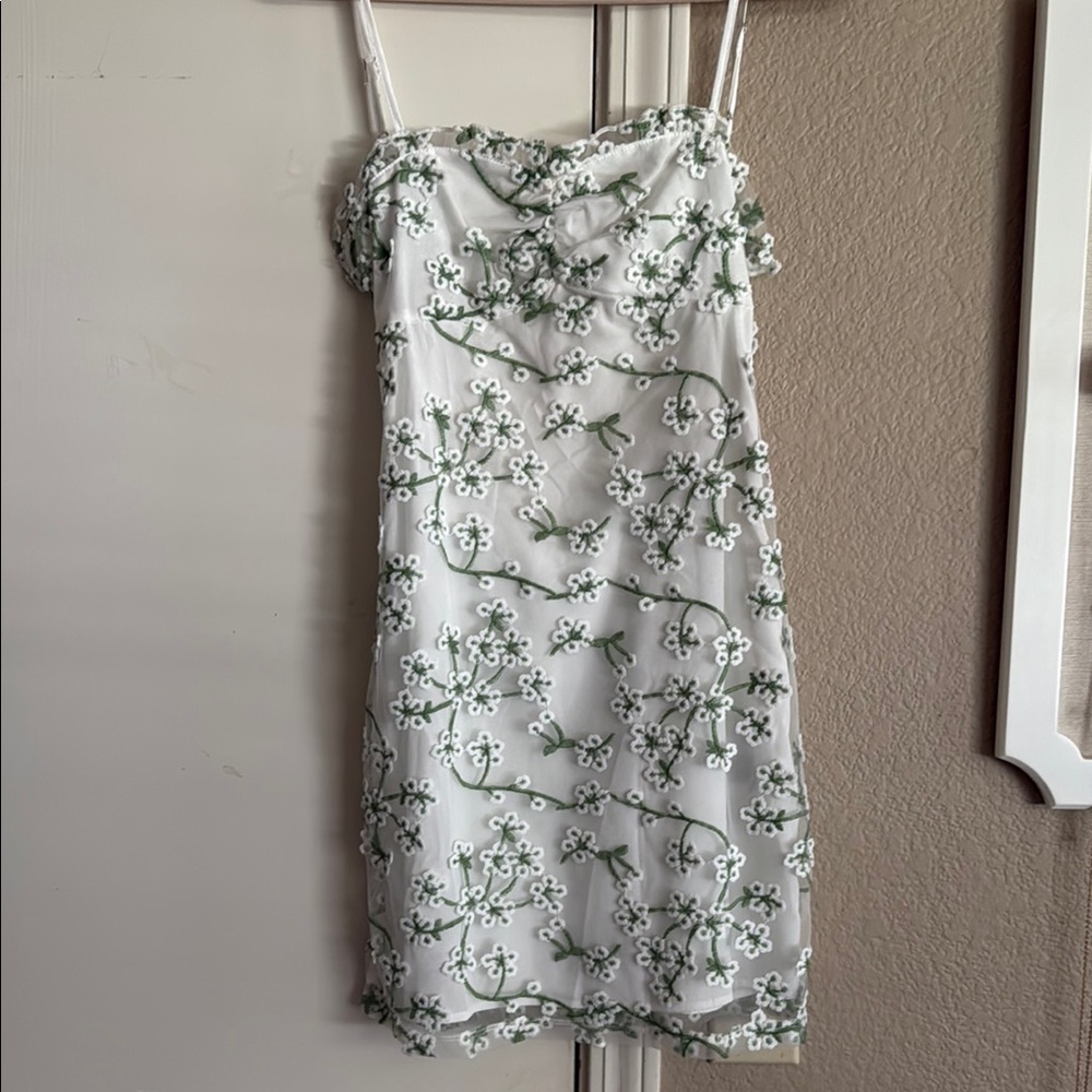 Floral Embroidered White and Green Dress